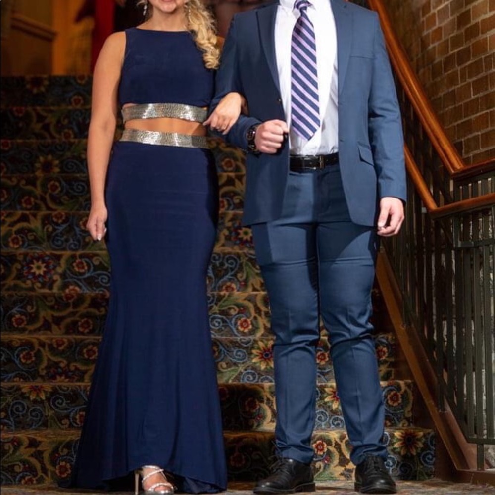 Two piece Jovani gown. Navy with gun metal detail.